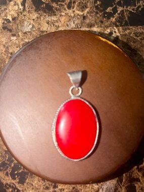 Red Oval Silver-Trim Pendant - Women Jewelry